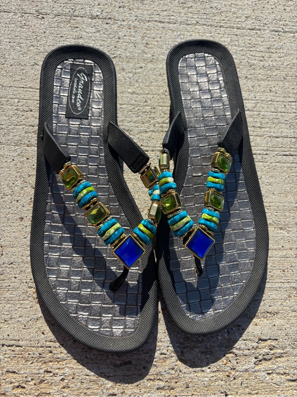 Y2k Embellished Black Flip Flop Sandals with Turquoise & Royal Blue Stones